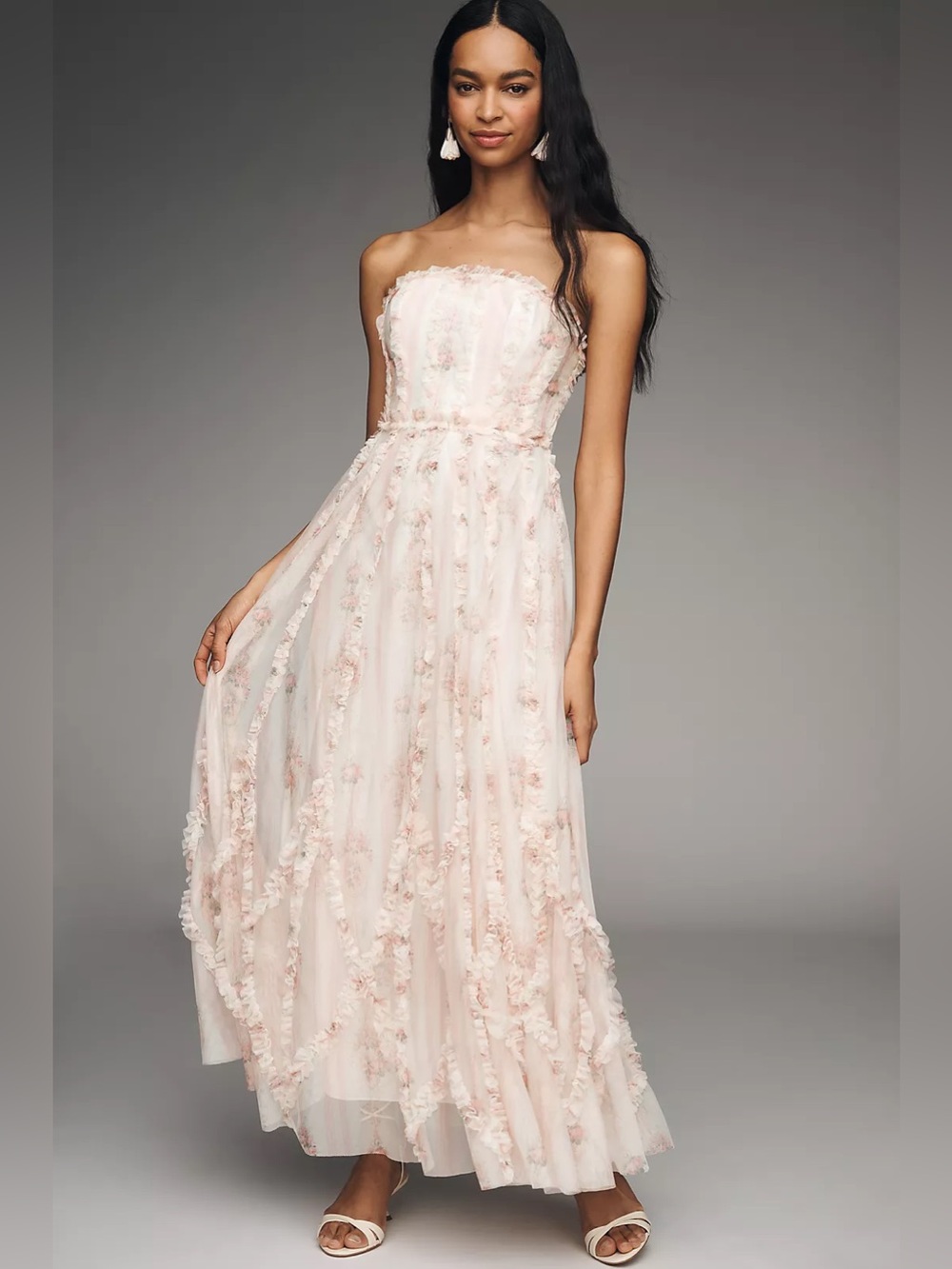 Anthropologie Strapless Blush Pink Floral Embellished Maxi Dress